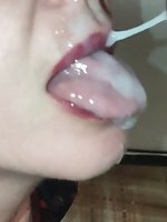 A mature woman performs oral sex and swallows semen